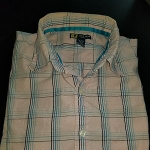 Long sleeve dress shirt plaid pink blue